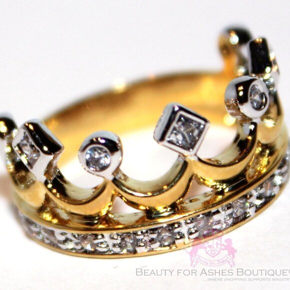 Cubic Zirconia Royalty Princess Clear CZ Two Tone Gold Plated Crown of Life Ring - Picture 1 of 5
